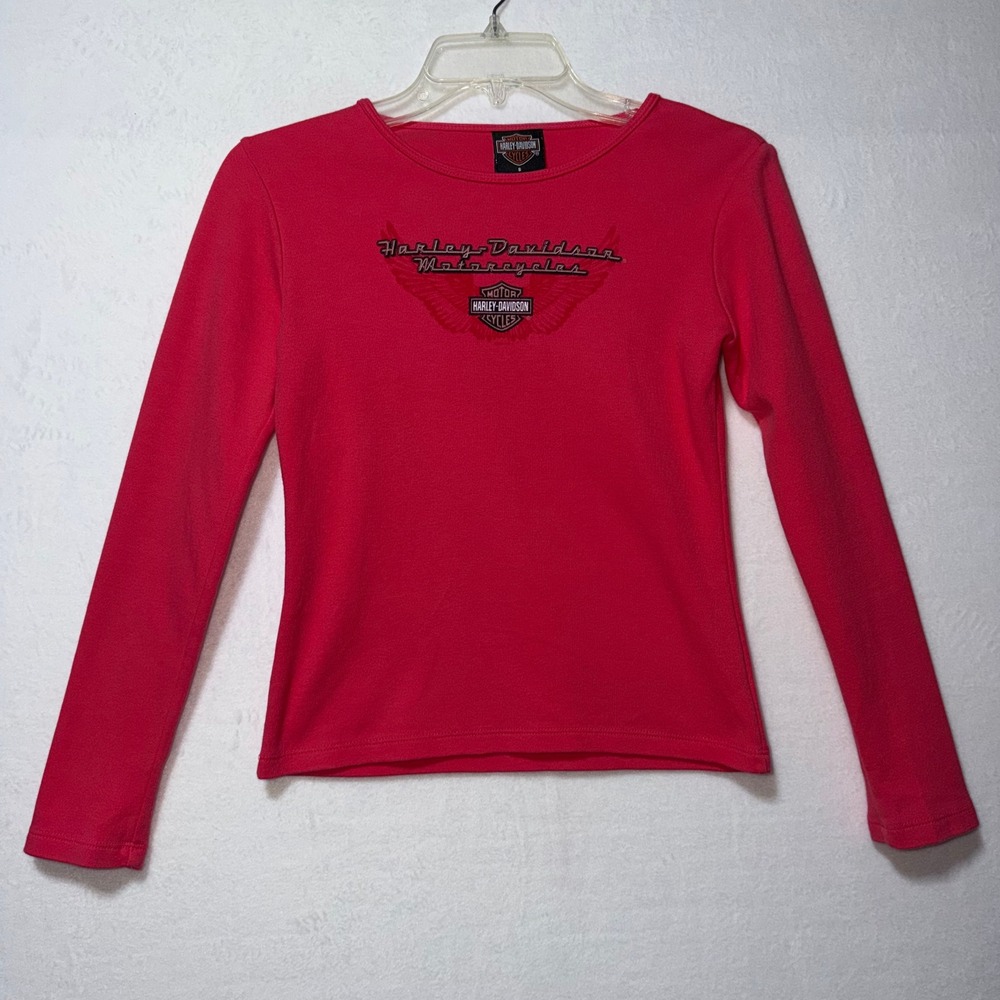 Harley-Davidson Womens Red Long Sleeve Winged Logo Graphic Top Eddy Wright Leeds